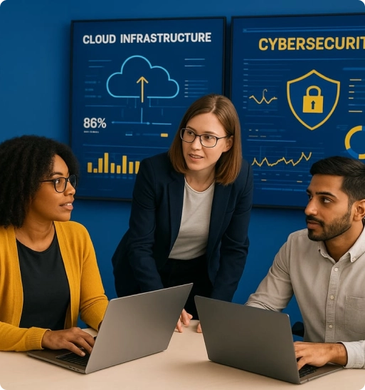IT team discussing cloud infrastructure and cybersecurity challenges for Los Angeles businesses