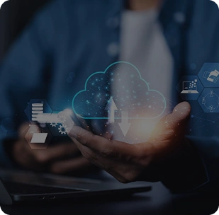 Hand holding a glowing cloud icon with digital symbols, representing cloud computing and data services.