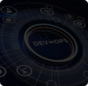 Digital interface showing DevOps concept with icons and workflow elements representing software development and operations integration.