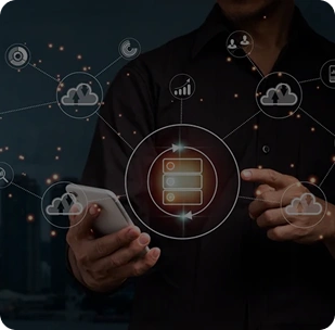 Person using tablet with connected network and server icons, illustrating managed IT services and system monitoring.