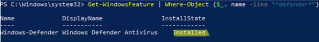 PowerShell command to check Windows Defender Antivirus installation status on Windows Server