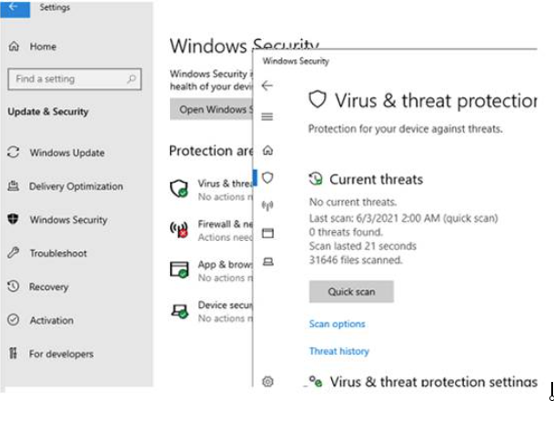 Windows Security settings page in Windows Server 2019 showing Virus and Threat Protection option with an error or warning indicator