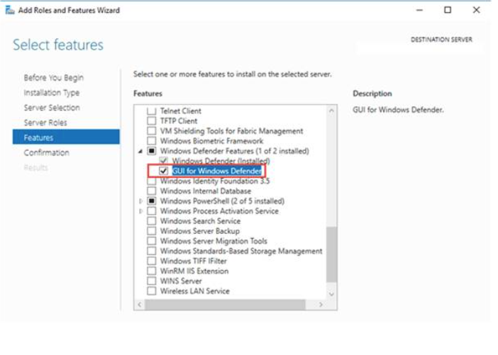 Server Manager Add Roles and Features Wizard showing Windows Defender Features with GUI for Windows Defender selected for installation