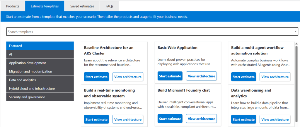 Azure Pricing Calculator – Estimate Templates Page