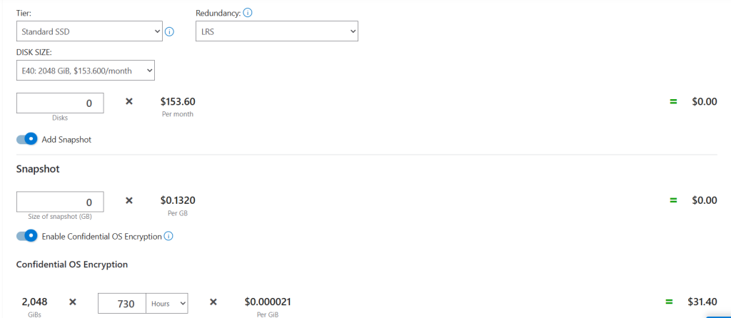 Azure Pricing Calculator showing managed disk, snapshot, and Confidential OS Encryption pricing options.