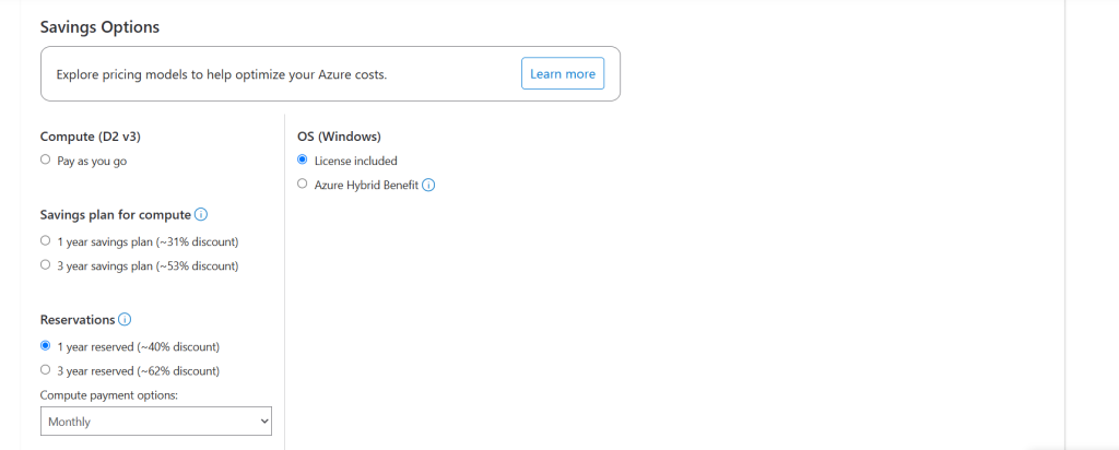 Azure Pricing Calculator showing savings options for a Windows D2 v3 virtual machine with reservation and savings plan choices.