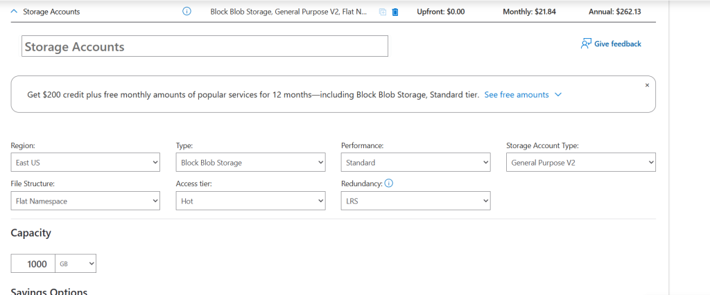 Screenshot of the Azure Pricing Calculator showing cost estimates for a 1000 GB Storage Account configuration.