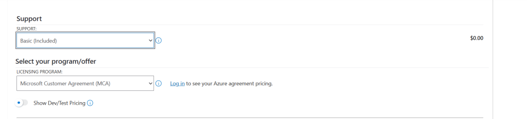Screenshot of the Azure Pricing Calculator configuration panel for selecting support plans, licensing programs, and dev/test pricing options.