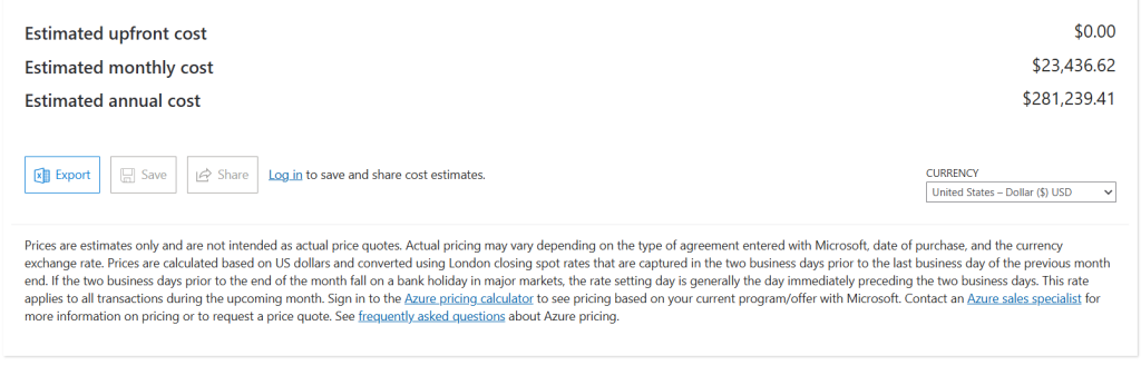 Screenshot of the Azure Pricing Calculator footer showing estimated upfront, monthly, and annual total costs with options to export, save, or share the estimate.