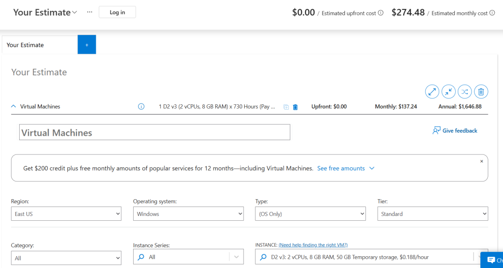 Azure Pricing Calculator showing a Virtual Machine estimate with region, operating system, VM size, pricing details, and estimated monthly and annual costs.