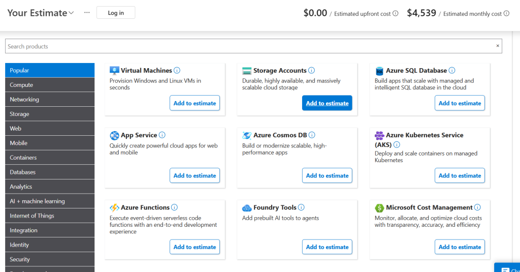 Azure Pricing Calculator home page showing available Azure services and estimated costs.