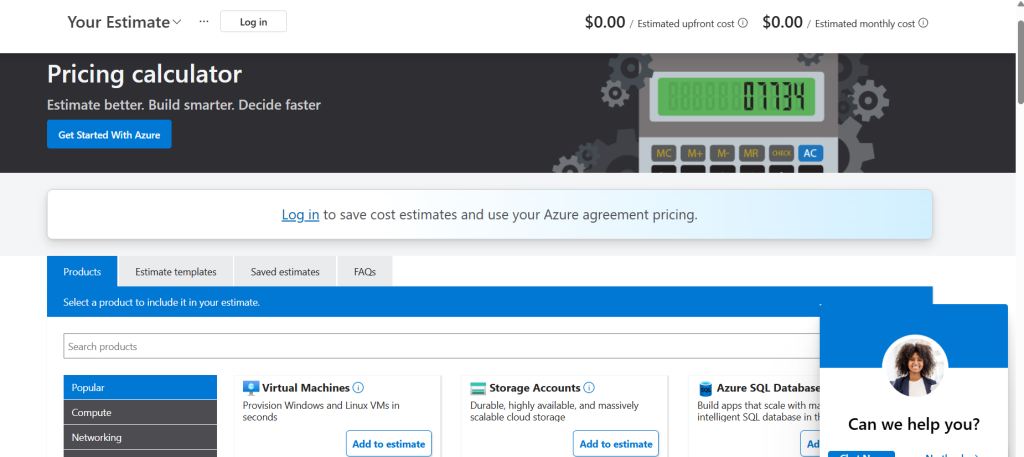 Azure Pricing Calculator Products page showing available Azure services, a search bar, product categories, cost summary, and options to add services to an estimate.