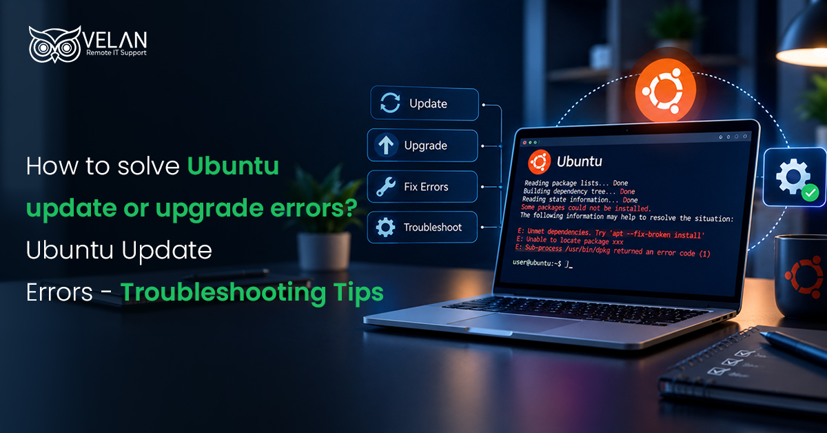 Laptop displaying Ubuntu system update errors next to troubleshooting workflow icons.
