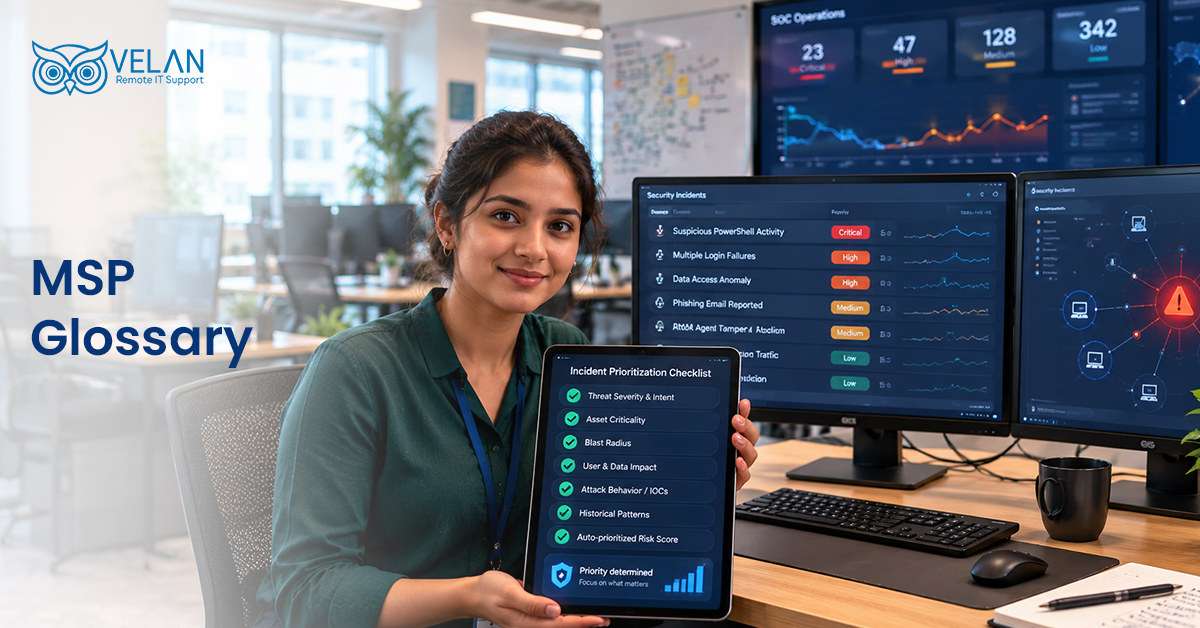 Velan IT support specialist holding a tablet with an incident prioritization checklist, with SOC security dashboards showing critical, high, and medium alerts in the background — MSP Glossary banner image.