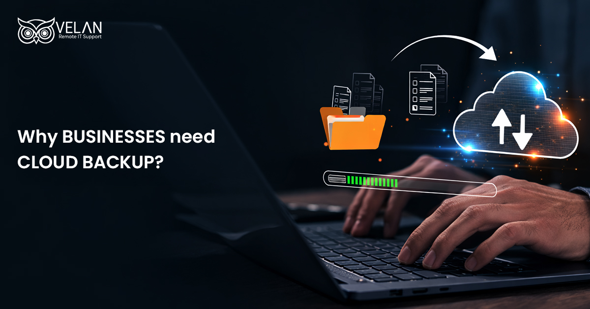 Hands typing on a laptop transferring business data to a secure cloud server, highlighting cloud backup security best practices.